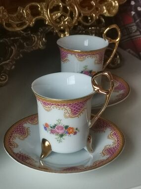 Limoges Porcelain Demitasse Cups and Saucers with Pink and Gold Accents